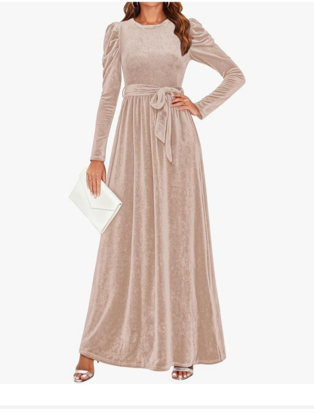 Sleeve-Detail Velvet Maxi Dress in Taupe with Self-Tie Waist